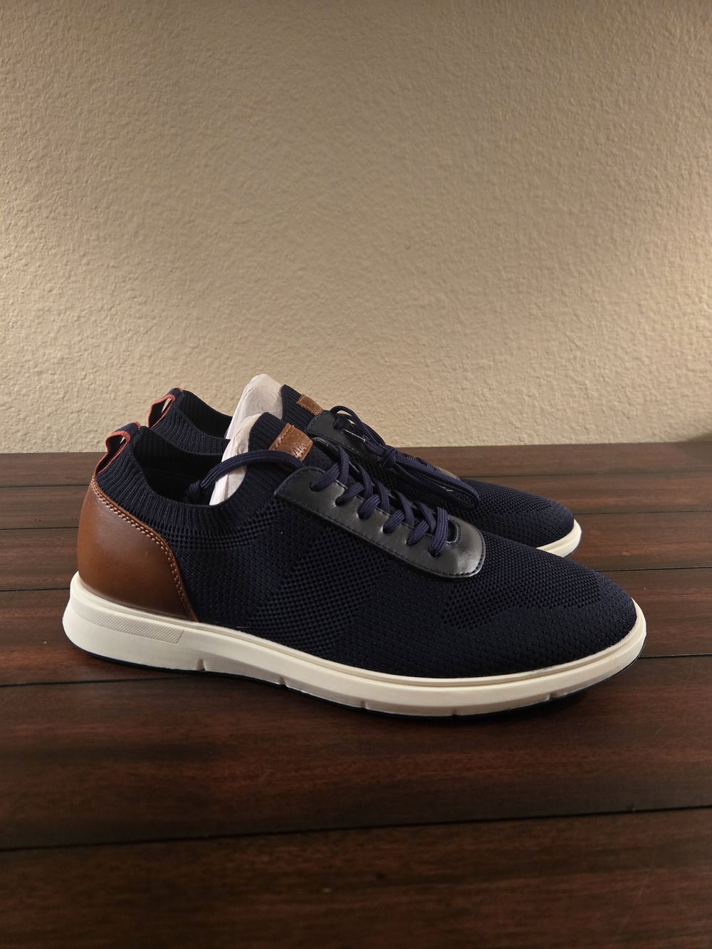 Vince Camuto Vy Kael Navy Knit Casual Sneakers with Brown Heel Accent